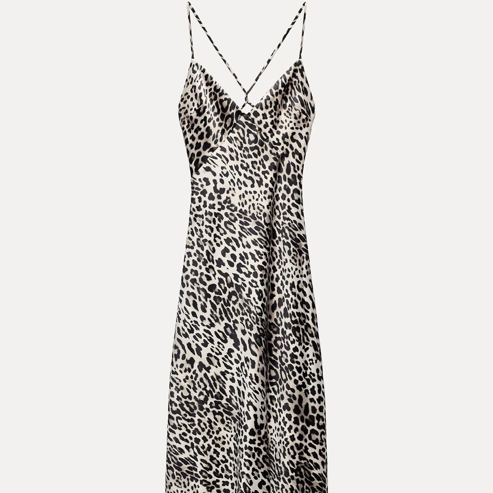 PRINTED SATIN EFFECT MIDI DRESS Leopard Print Slip Dress